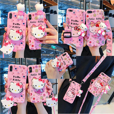 軟矽膠手機殼 iPhone 6 6s 7 8 Plus XR 外殼卡通 Hello Kitty 玩具手機支架支架腕帶保護