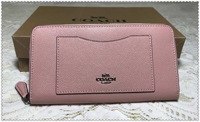 全新品 COACH F54007 櫻粉紅長夾(皮夾,零錢包,手拿包)素面防刮皮革 前口袋拉鍊開口