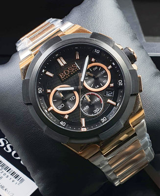 HUGO BOSS Supernova 黑色錶盤 玫瑰金色配銀色不鏽鋼錶帶 石英 三眼計時 男士手錶1513358
