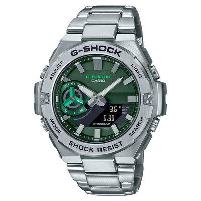 【金台鐘錶】CASIO卡西歐G-SHOCK 太陽能 強悍機能型(不鏽鋼錶帶)(藍芽)(綠面) GST-B500AD-3A