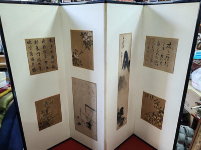 日本回流 落地屏風 四折屏 山水字畫 尺寸在圖六中 中古品
