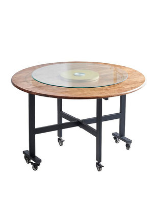 廠家出貨純實木大圓飯桌可折疊收納橡膠木大圓桌子簡約現代酒店餐桌椅組合