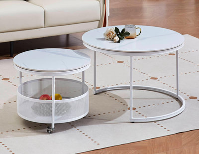 【萊夫家居】JF-261-2：岩板2.3尺白色圓几組【台中家具】茶几 客廳桌 岩板桌 高低桌 圓桌 北歐風茶几 桌子
