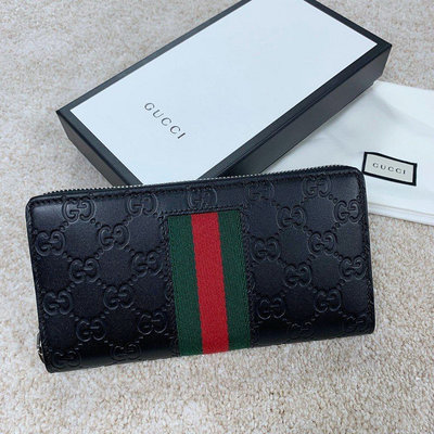 GUCCI 經典Signature系列GG壓紋綠紅綠織帶拉鍊長夾