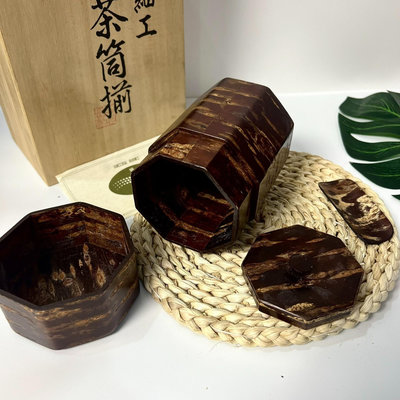 日本櫻皮細工 八角茶葉罐 帶茶擇 內外全包櫻皮 大容量茶葉罐