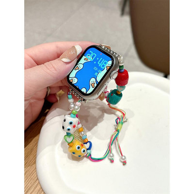 20mm 22mm 適用三星 佳明 華為 Apple Watch 錶帶 女款 替換腕帶 小怪獸手工編織手串 雙鏈金屬手鍊