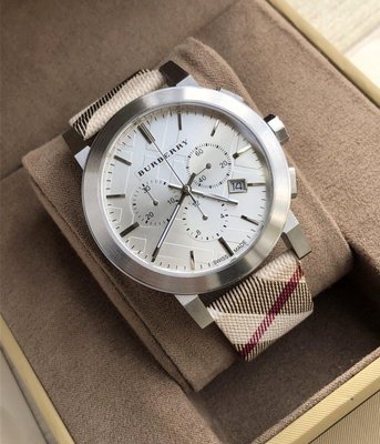 BURBERRY 銀白色錶盤 格紋皮革錶帶 石英 三眼計時 男士手錶 BU9357