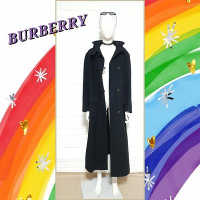 ♛ 黑貓姊vintage潮流古著♛ Burberry經典款連帽 羊毛大衣外套 長版款Uk:12 US:10 EUR:38 (深藍色)不硬重☞