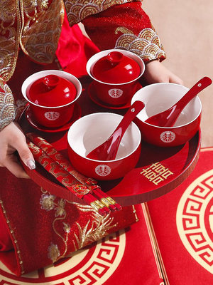 結婚敬茶杯套裝婚禮紅色改口敬酒杯一對喜碗喜杯茶具婚慶用品大全_木初伽野