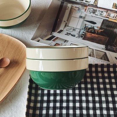 復古綠陶瓷米飯碗  陶瓷碗 綠色 白色 濃湯碗 甜品碗 陶瓷餐具 米飯碗 復古碗 點心碗【小雜貨】