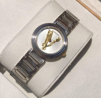 VERSACE Virtus T3-Mini 金色V字浮雕 銀白色錶盤 銀色不鏽鋼錶帶 石英 女士手錶 VET300621