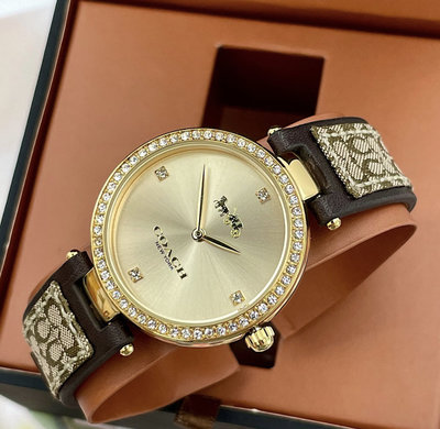COACH Park Jacquard SignatureC 水鑽圈 金色錶盤 棕色皮革錶帶 石英 女士手錶 14503456