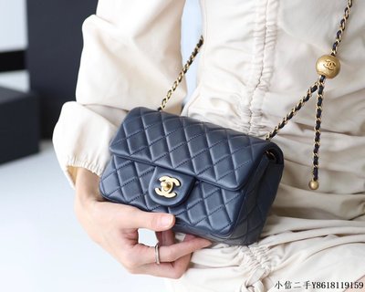 二手 Chanel Flap Bag CF羊皮大Mini金球包 AS1787深藍色