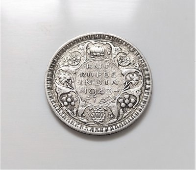 1943 年 英屬 印度 海峽 殖民地 喬治 六世 HALF Rupee 盧比 古 銀幣 Silver (.500)