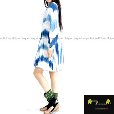 Unic＠泰國進口洋裝TD393『只有一件＿藍染100%純棉V領＿長袖洋裝＿高腰拉繩傘擺洋裝』異國風 超顯瘦