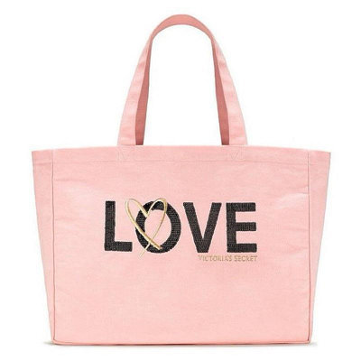 全新 Victoria's Secret 維多利亞的秘密 粉色LOVE亮片刺繡 高質感 超大容量 托特包 帆布包 肩背包