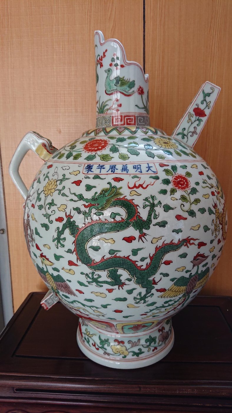 中国 色絵 蒜頭瓶 童子図 大明隆慶年造銘 - 陶芸