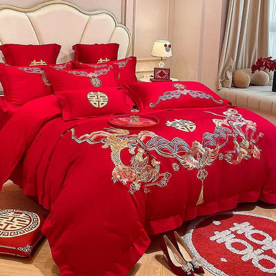 現貨：高檔中式龍鳳結婚四件套大紅色床單床笠被套刺繡喜被婚慶床上用品