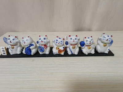 日本七福貓 招財貓系列 手工繪制 七福陶瓷青花小貓 招福擺件