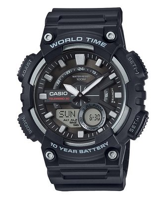 CASIO手錶公司貨10年電力 AEQ-110W-1A 黑灰色 悍將世界城市玩家雙顯運動錶AEQ-110