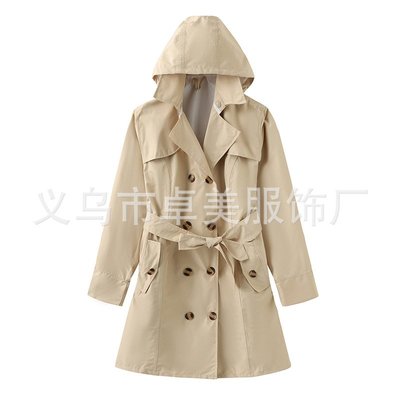 新款時尚雨衣女純色連帽防雨外套雙排扣長款風衣修身腰帶雨衣Y9739
