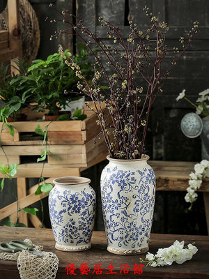 花瓶 陶瓷花瓶 可打孔花瓶復古新中式陶瓷花瓶擺件客廳插花創意仿青花瓷高級感大富貴竹柿子