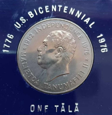 美國獨立200周年薩摩亞1976年發行1塔拉銅鎳紀念幣帶原盒