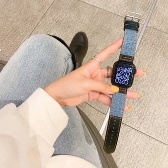 百搭牛仔帆布拼牛皮錶帶 適用蘋果手錶 Apple Watch S7 iwatch7/6/5/4/3/2/1/SE 男女款