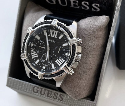 GUESS Apex 黑色面錶盤 黑色皮革+矽膠錶帶 男士 石英手錶 GW0053G1