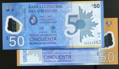 【國際】URUGUAY (烏拉圭塑膠鈔)，P-NEW，50-PESO，2017，品相全新UNC