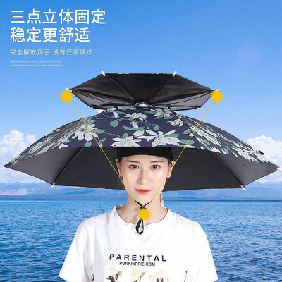 台灣現貨雨傘帽。釣魚傘。 防風防雨雙層釣魚傘帽頭戴式雨傘防曬折疊頭頂雨傘帽戶外遮陽垂釣    購物