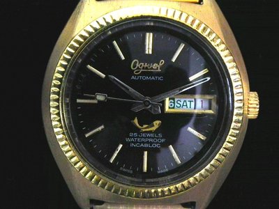 機械錶 [Ogival G2939] 愛其華 一般圓型土豪金錶[25石][黑色面]/中性/新潮錶