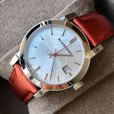 BURBERRY 銀白色錶盤 橘色皮革錶帶 石英 女士手錶 BU9121