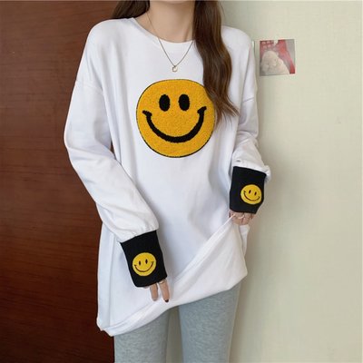 ～韓系   微笑️保暖加絨寬鬆中長款長袖T恤上衣 / M、現貨