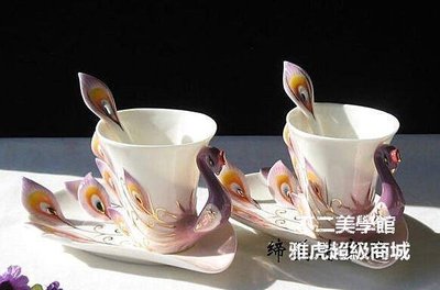 【格倫雅】法蘭瓷 瓷孔雀 情侶對杯 咖啡杯 結婚禮物 情人節禮 一對價(2入)5717促銷 正品 現貨
