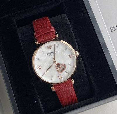 EMPORIO ARMANI 鏤空愛心珍珠貝母錶盤 紅色皮革錶帶 女士 自動機械錶 AR60048 亞曼尼腕錶