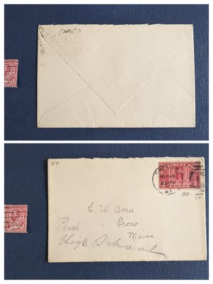 ﹝郵行﹞美國1913年代「古典票 包裹專用票 2分」實寄封 銷緬因州1913 SEP 6日戳 接近首日發行日