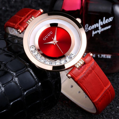 熱銷 古歐GUOU時尚女士腕錶鑲鉆紅色皮帶旋轉手錶腕錶時裝手錶腕錶825 WG047