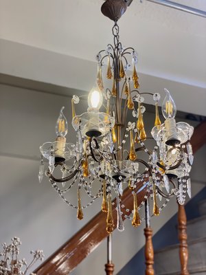 義大利古董 Antique琥珀色手工水滴型玻璃法式水晶吊燈 燈具【更美歐洲傢飾古董老件Amazing House】台南