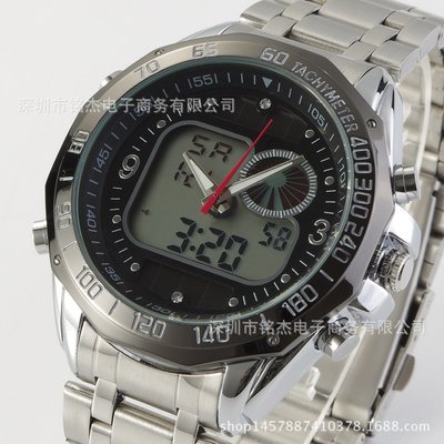 男士手錶 批發外貿熱賣男士雙顯LED太陽能鋼帶手錶 男士多功能戶外運動手錶