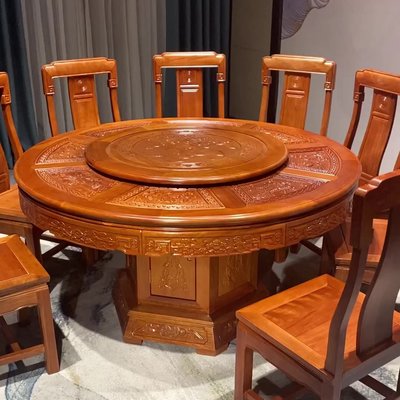 倉庫現貨出貨紅木非洲花梨木餐桌新中式圓桌雕花家用飯桌帶轉盤餐桌椅組合家具