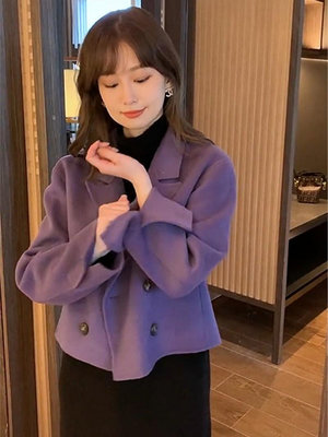 紫色雙面羊絨大衣女短款秋冬新款韓版小個子高端羊毛呢外套