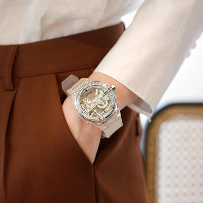 GUOU  8221 時尚 透明鏤空 全自動機械錶 矽膠 休閒百搭 高品質 防水 女士手錶(送精美表盒）