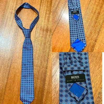 精品品牌 HUGO BOSS 雨果博斯 男士手打領帶 二手出清 法國製 藍色 100%真品