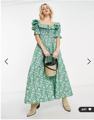 (嫻嫻屋) 英國ASOS-Reclaimed Vintage優雅時尚荷葉摺邊方領泡泡袖中長裙綠色花卉印花洋裝 PJ22