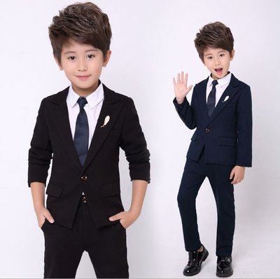《童伶寶貝》RE019-韓版小紳士男童羽毛裝飾西裝外套+長褲兩件套裝(黑)