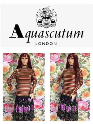 飄舞衣世界《英國高級服裝品牌Aquascutum雅格獅丹》高領彩色條紋超級柔軟羊毛混喀什米爾羊毛山羊絨針織毛衣／S