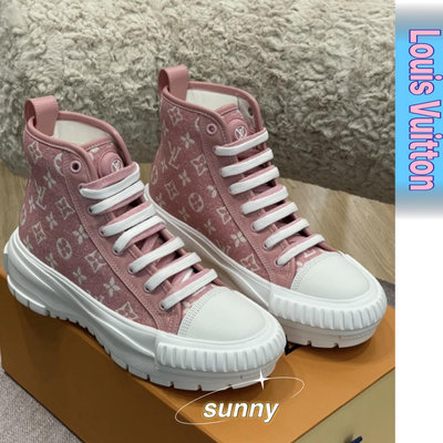 LV 路易威登 SQUAD丹寧系列粉色牛仔厚底運動鞋帆布鞋高幫-SUNNY
