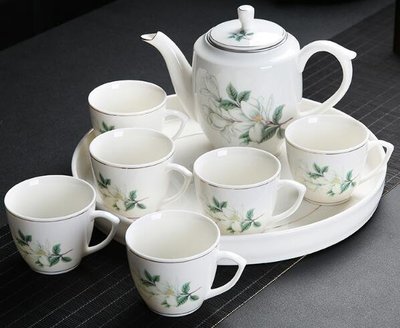 6732A 日式 山茶花茶具組 簡約茶組一壺六杯圓托盤山茶花泡茶壺陶瓷盤下午茶組咖啡杯瓷盤套裝