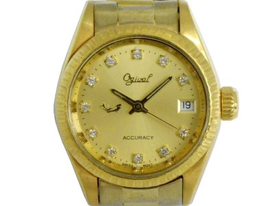 [專業模型] 石英女錶 [Ogival G2228] 愛其華蠔式圓型全金石英錶[金色面+日期]/中性/新潮錶
